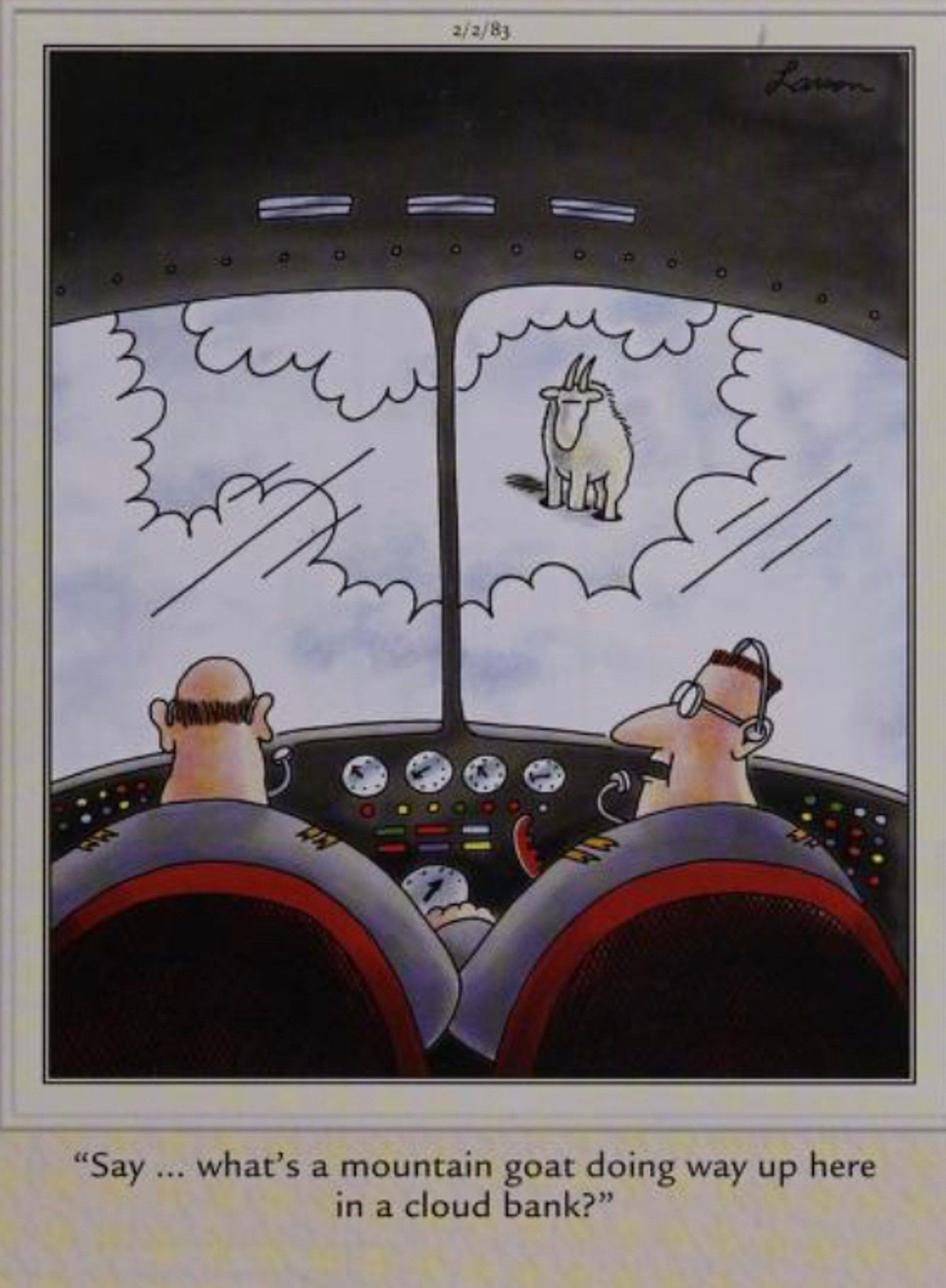 The Far Side, plane about to crash into a mountain...and a mountain goat.