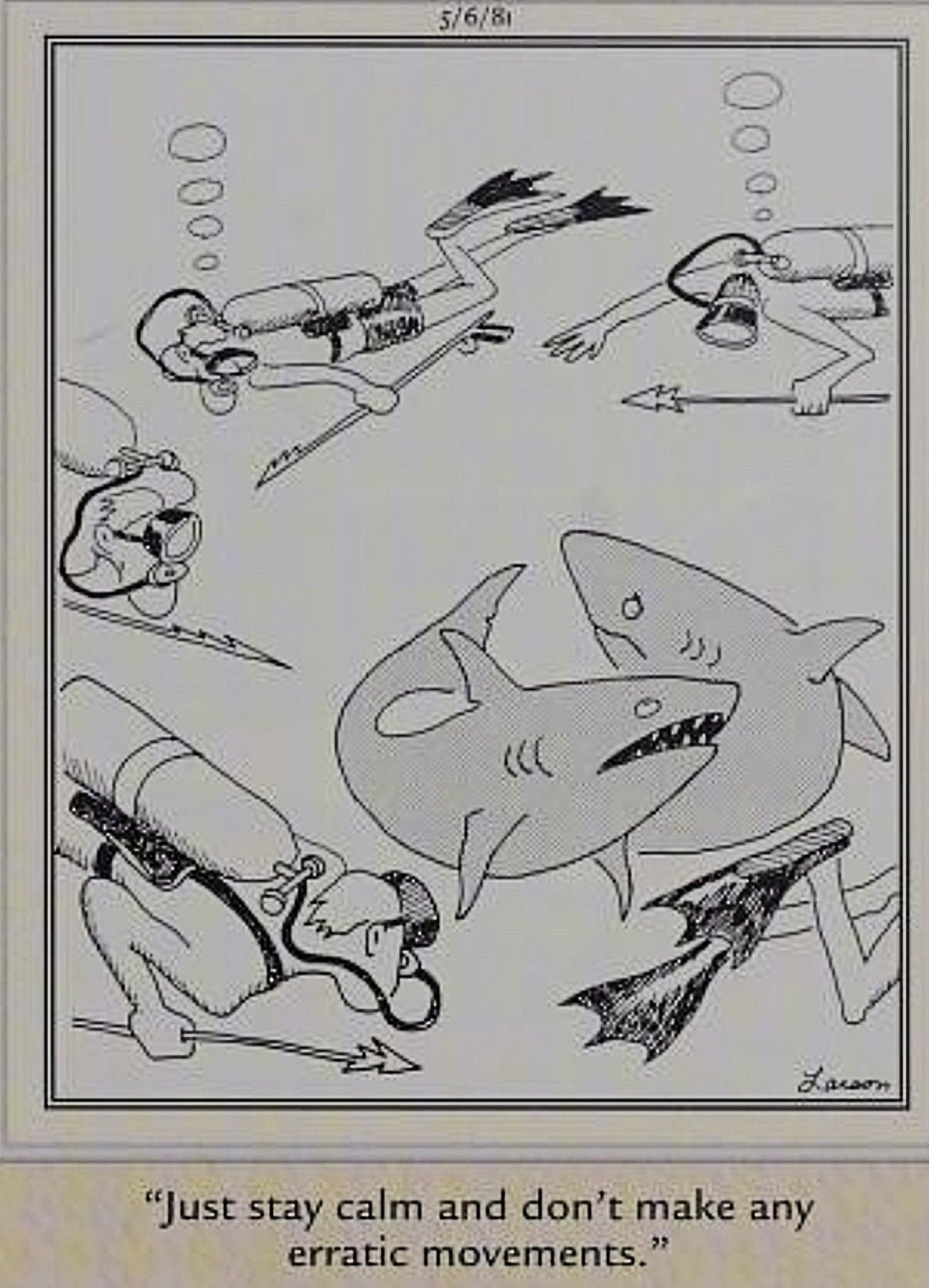 Far Side, sharks being circled by predatory divers with spears
