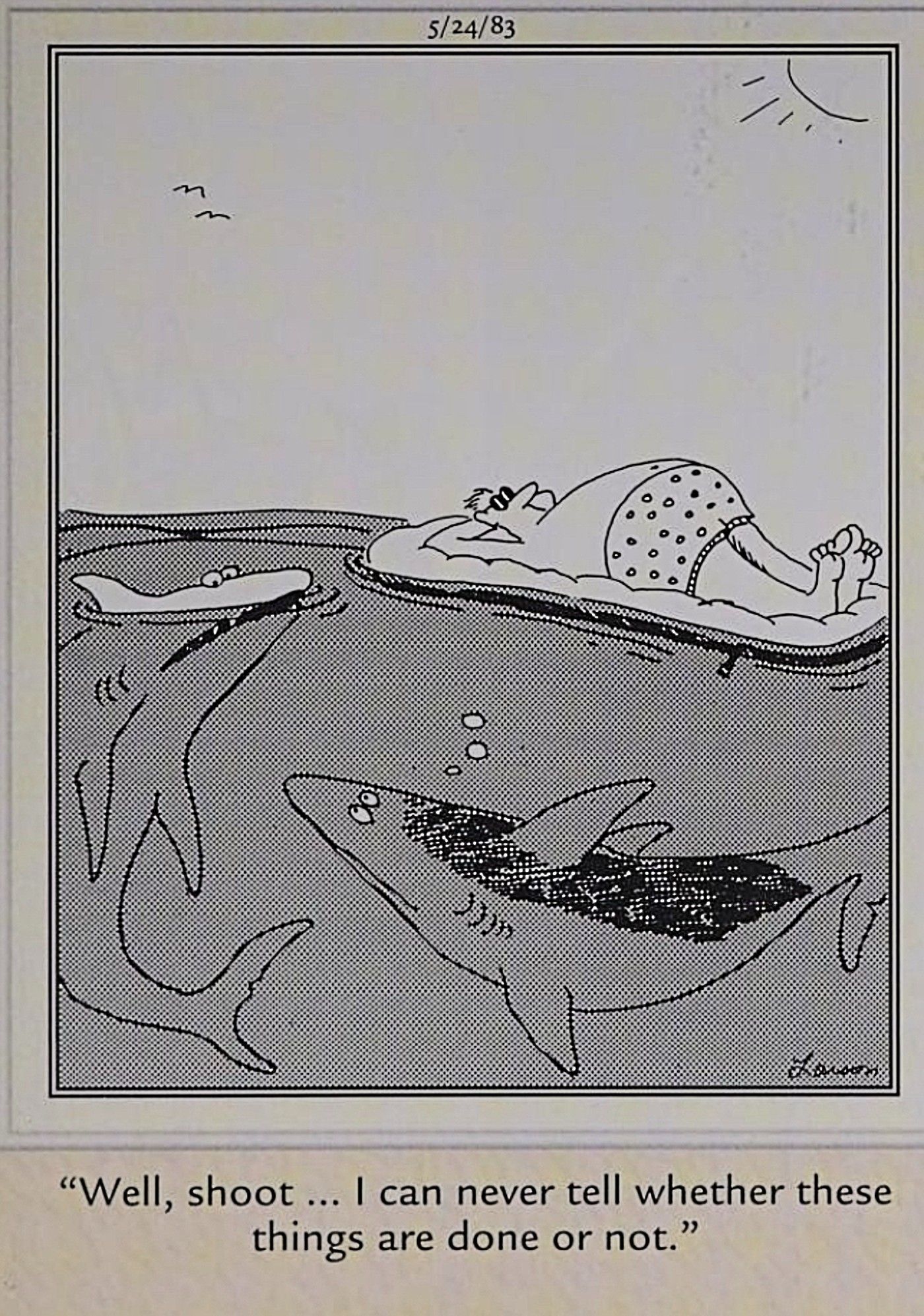 Far Side, sharks circling a human wondering whether it's 'done'