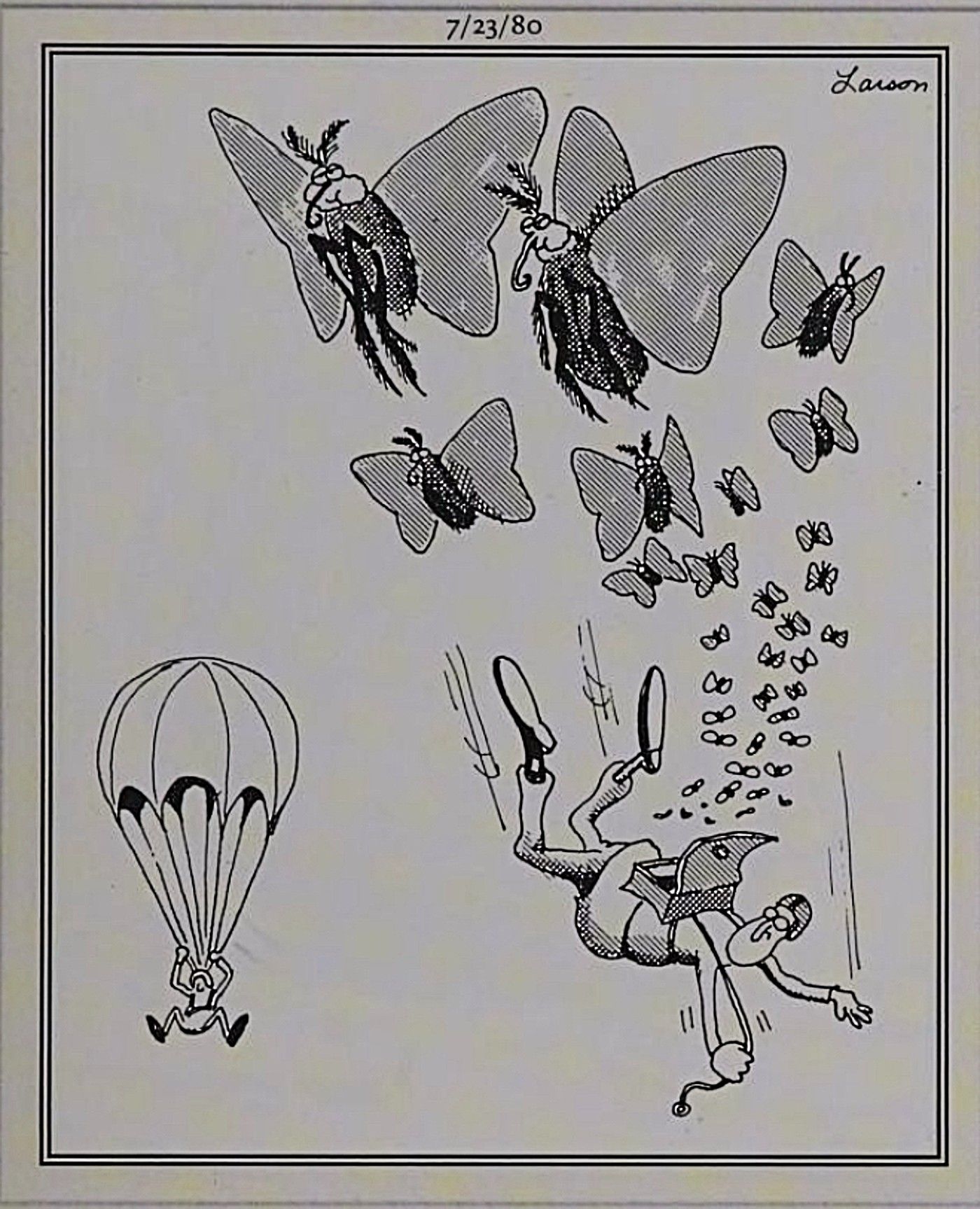 Far Side, skydiver pulls cord and moths fly out instead of parachute