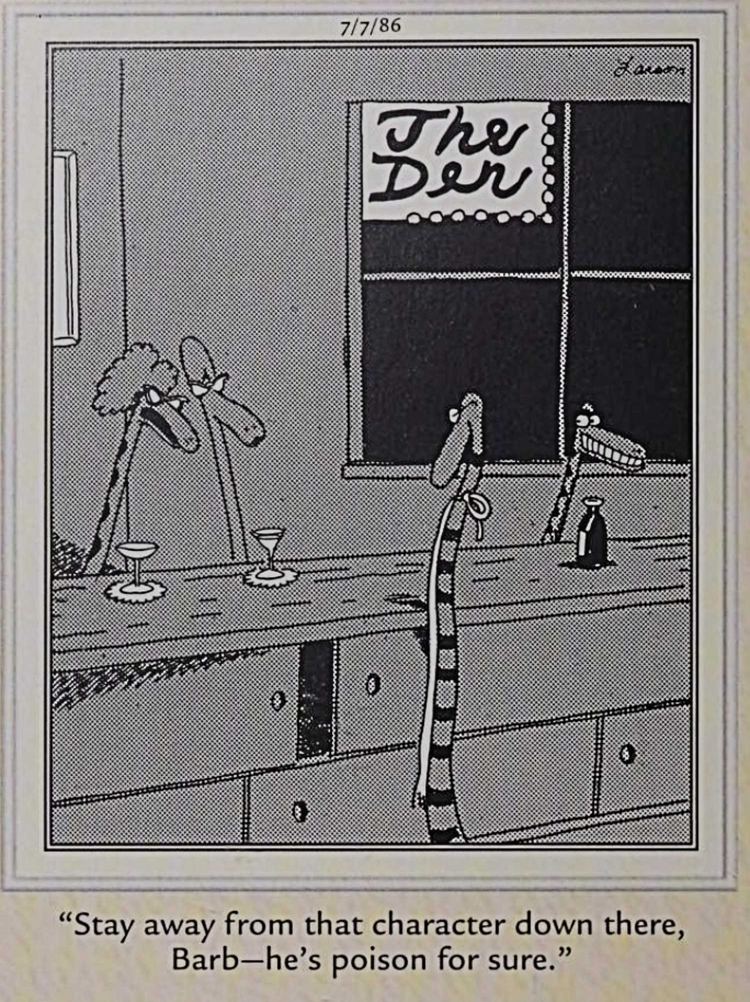 Far Side snakes at a bar; "stay away from that character down there, Barb -- he's poison for sure"