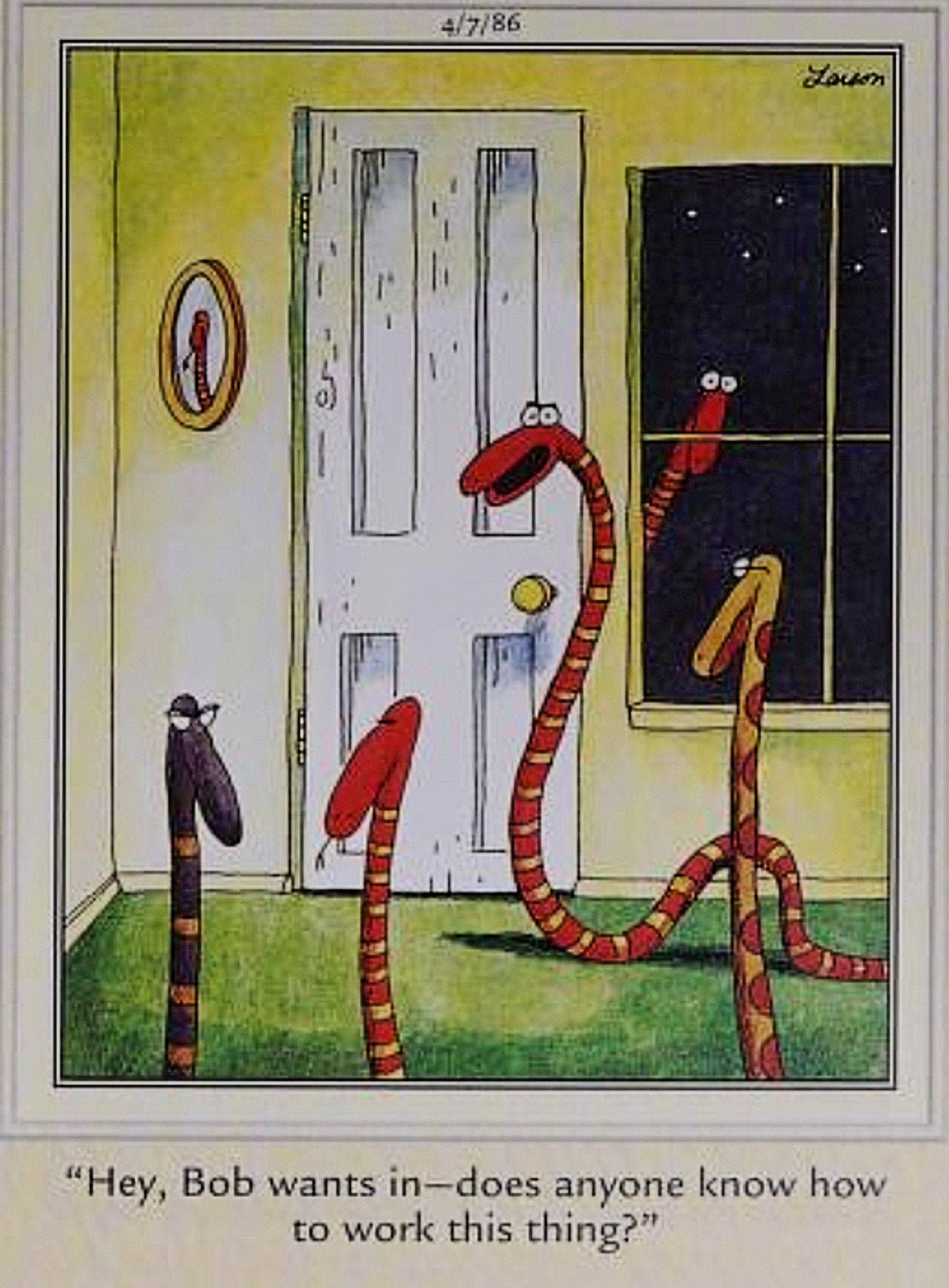 Far Side, cobras tentando descobrir como operar uma maçaneta de porta