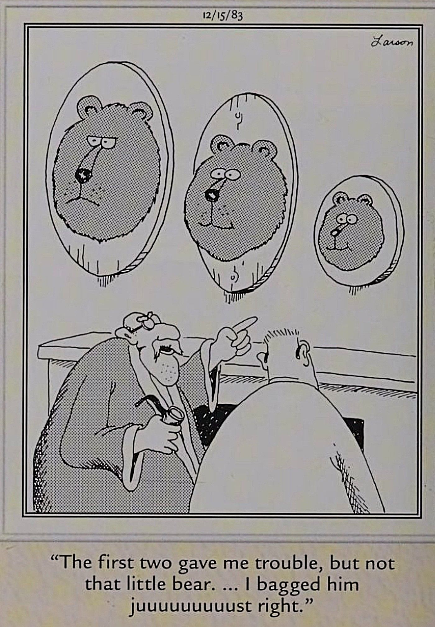 Far Side, three bears with their heads on the mantle