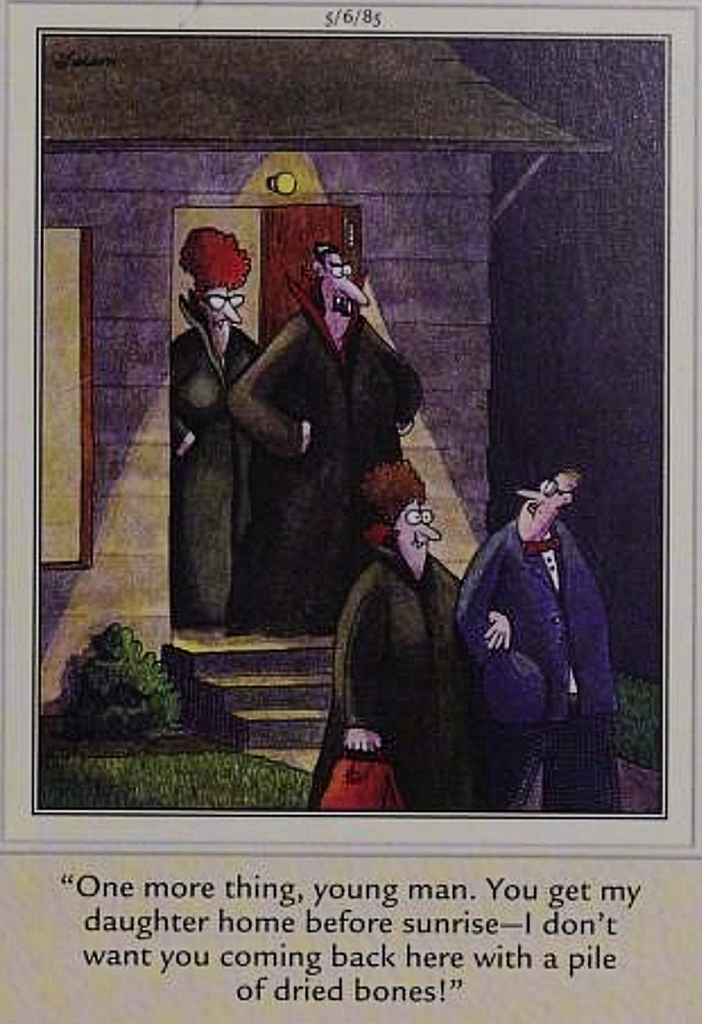 Far Side, vampire parents tell date to bring their daughter back before sunrise