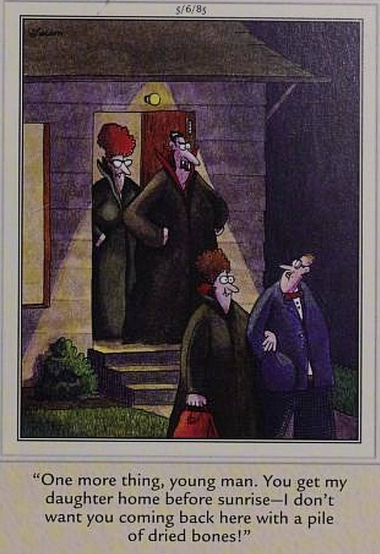 Far Side, vampire parents tell date to bring their daughter back before sunrise