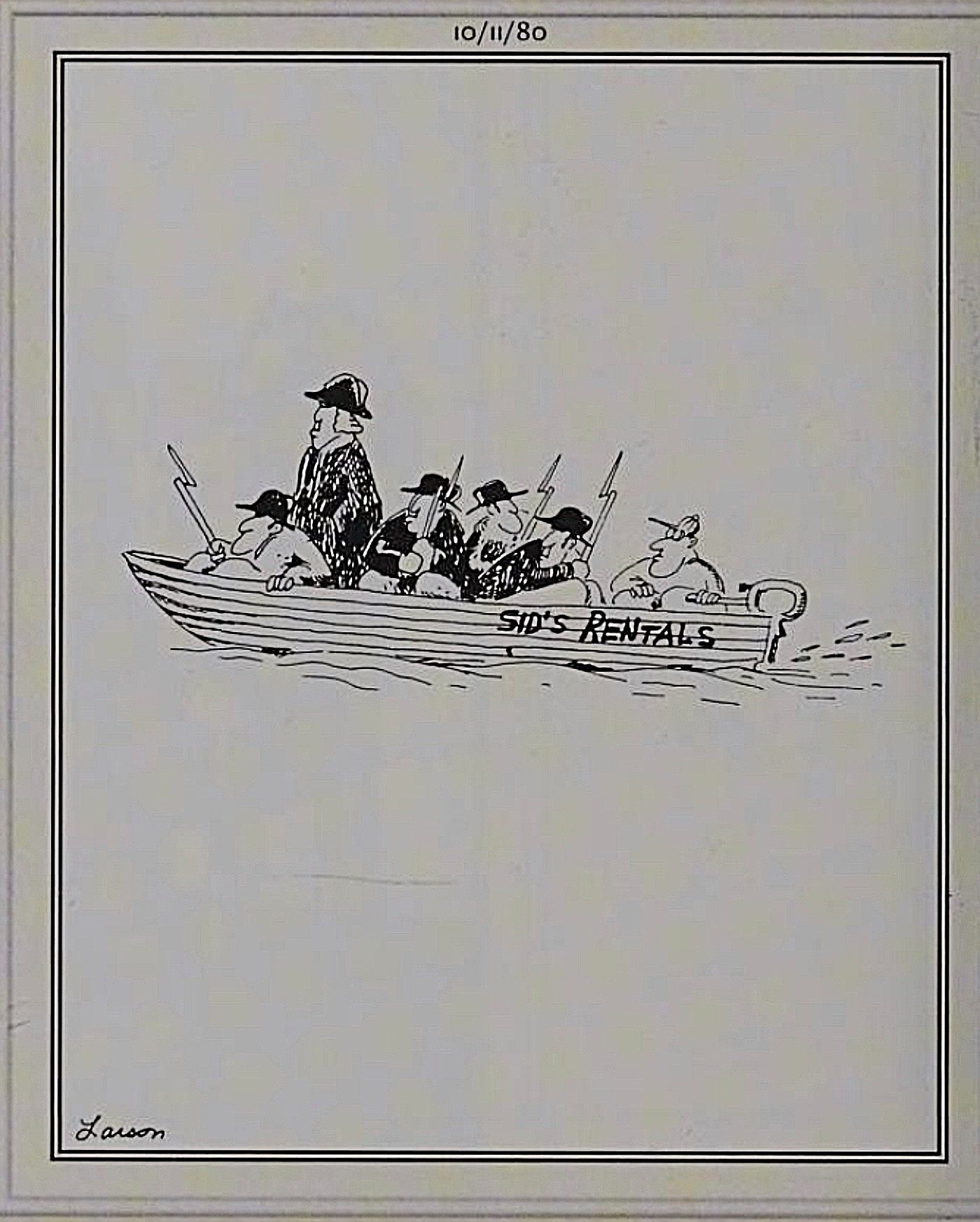 Far Side, Washington crossing the Delaware in a "Sid's rental" motor boat