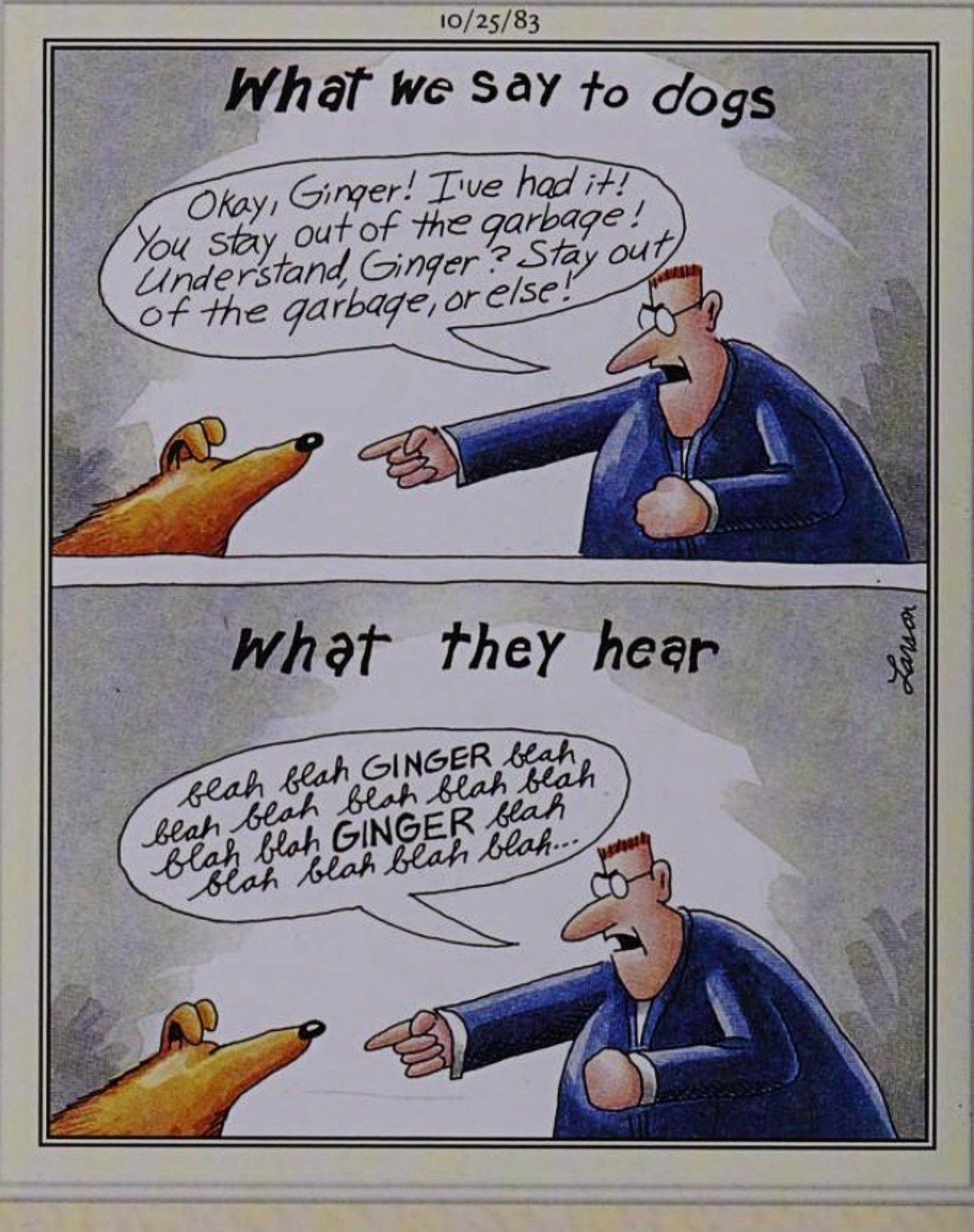 Far Side, what dogs hear when their owners speak