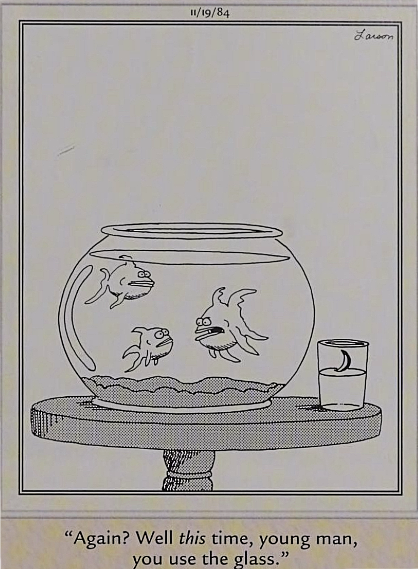 Far Side, young fish being potty trained