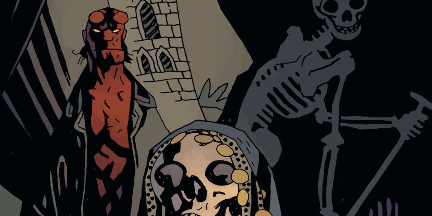 Hellboy em pé ao lado de uma caveira e um grande esqueleto na capa dos quadrinhos Hellboy