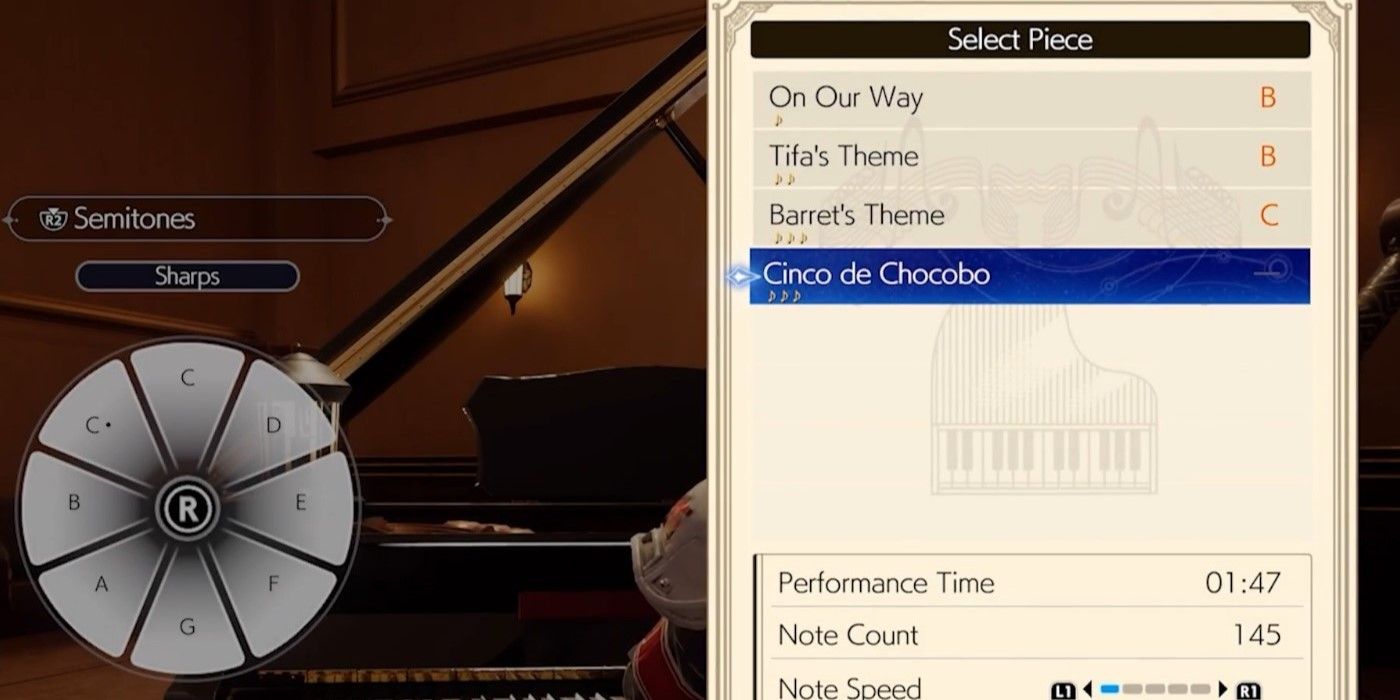 Screenshot of the song selection menu for piano performance in Final Fantasy 7 Rebirth.