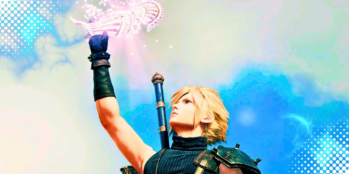 Cloud holding a protorelic over his head in Final Fantasy 7 Rebirth
