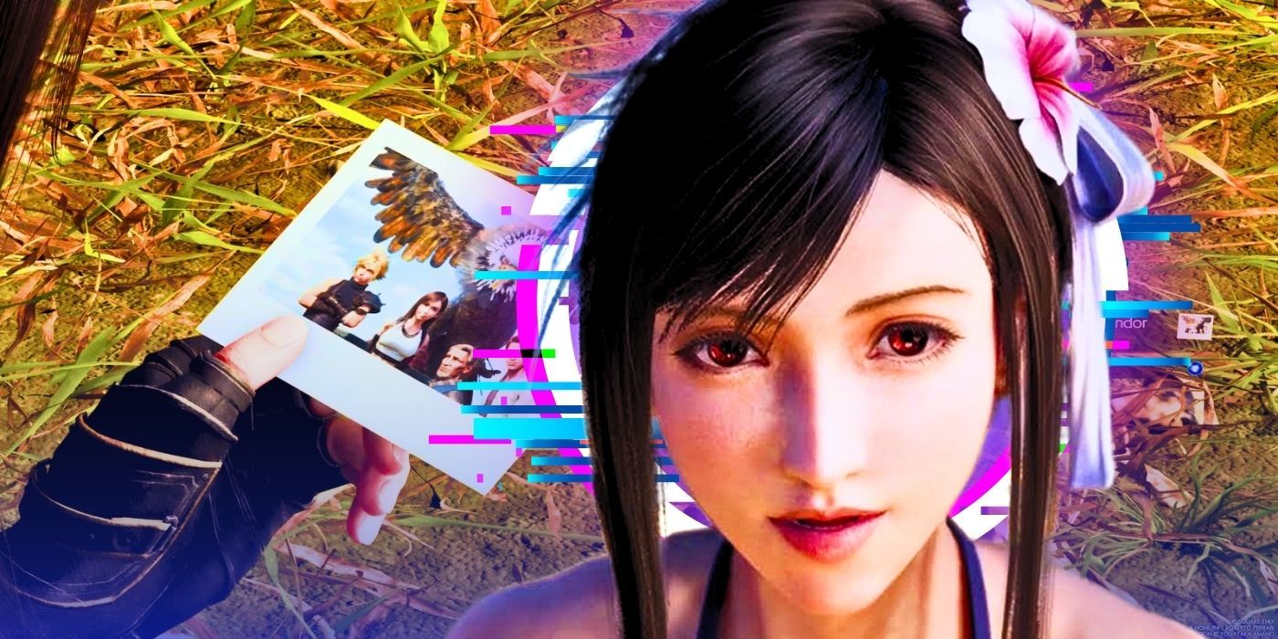 A closeup of Tifa, and her hand holding a picture of herself, Cloud, and the Junon condor in screenshots from FF7 Rebirth.