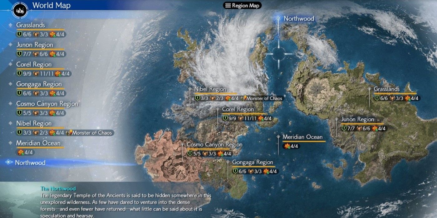 A screenshot of the Final Fantasy 7 Rebirth world map with regions labeled.