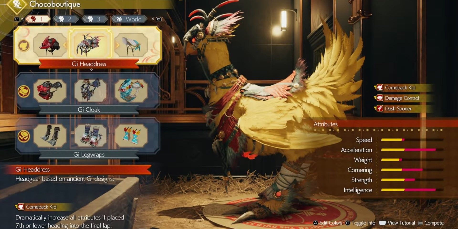 A screenshot of the Chocoboutique screen from Final Fantasy 7 Rebirth, with Piko the yellow Chocobo standing in a barn stall.