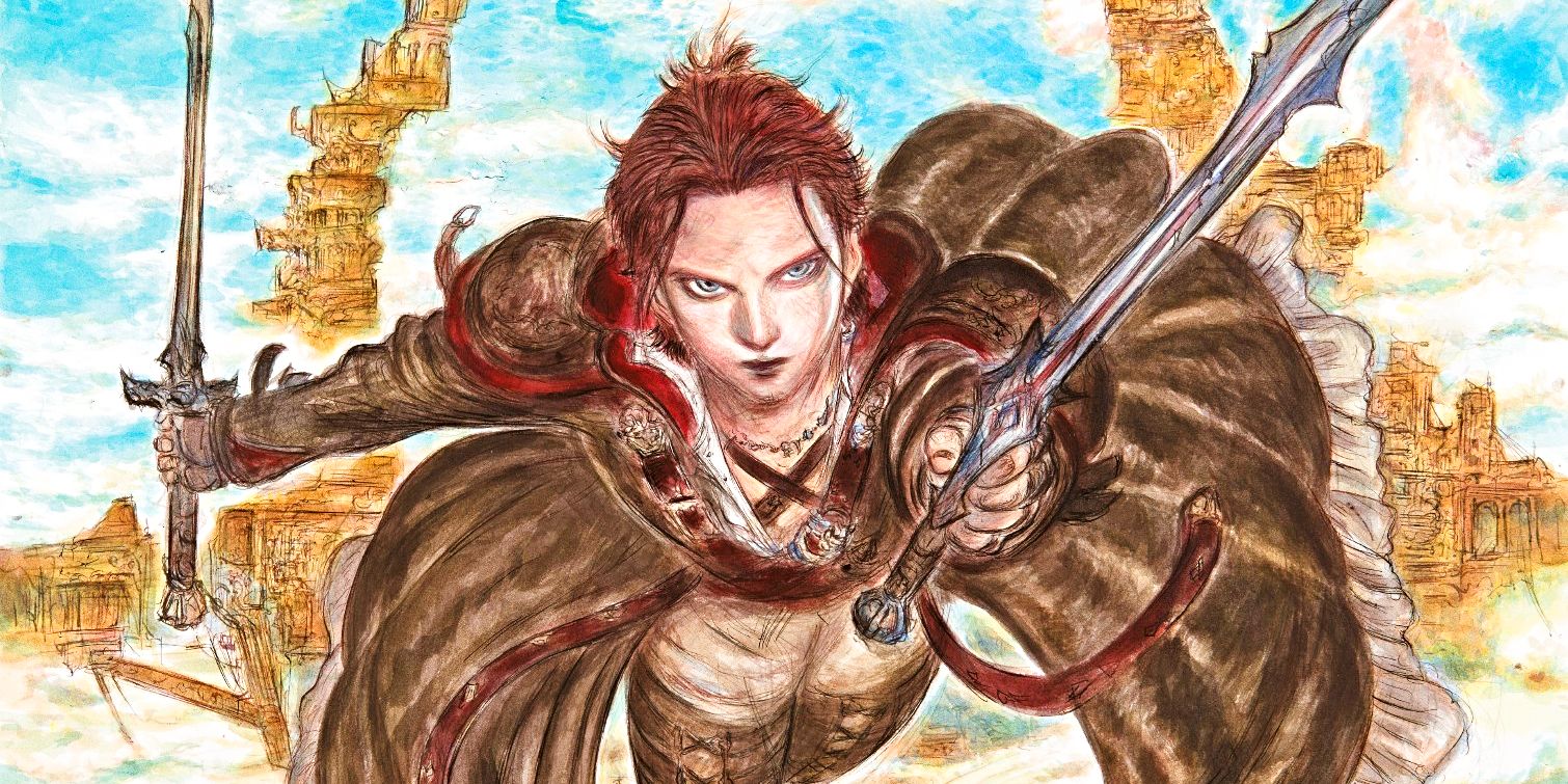 Final Fantasy 14's Warrior of Light charges in the Viper class, in artwork by Yoshitaka Amano.