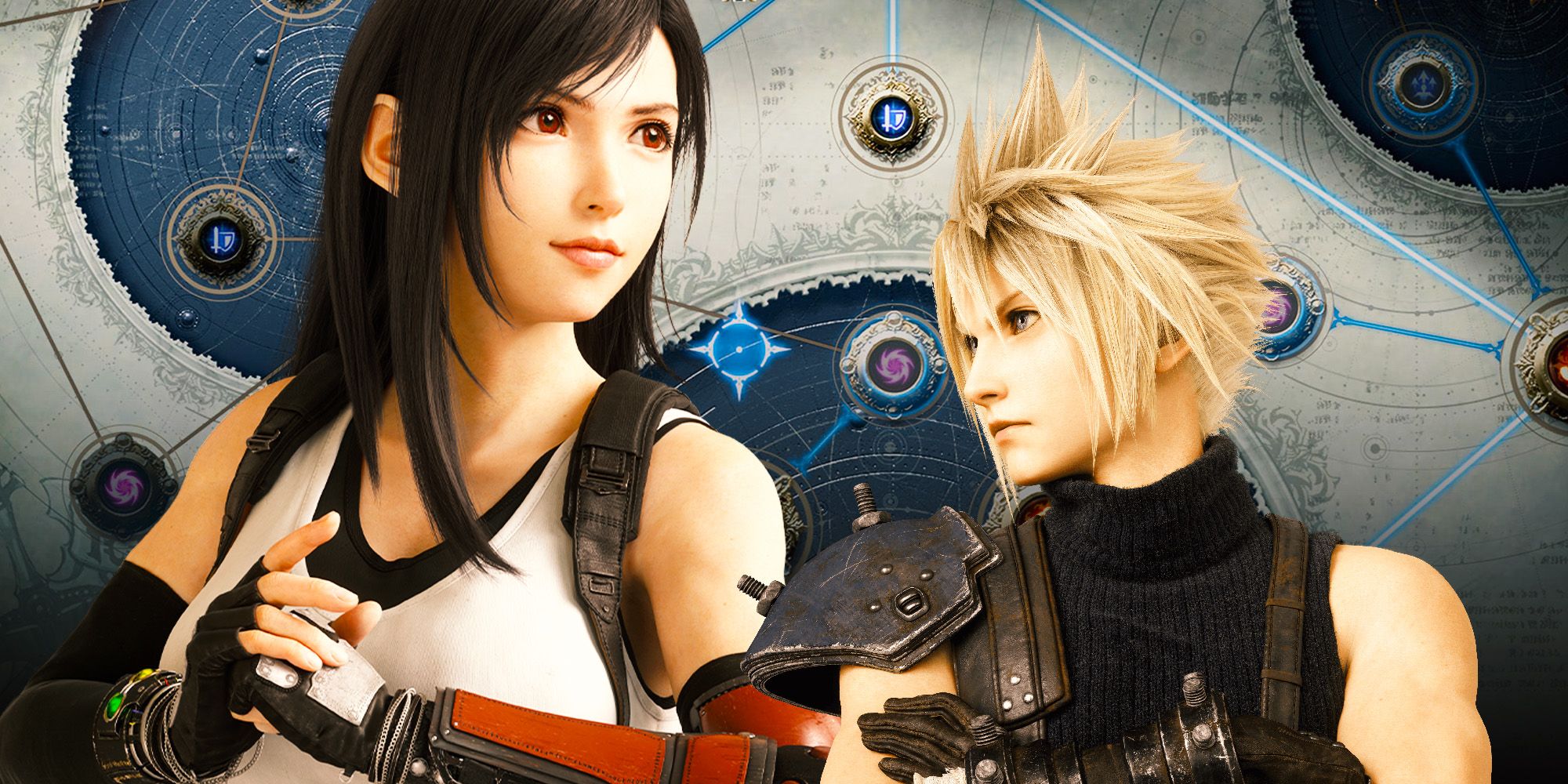 Tifa e Cloud com o menu Skill Cores ao fundo de Final Fantasy VII Rebirth 