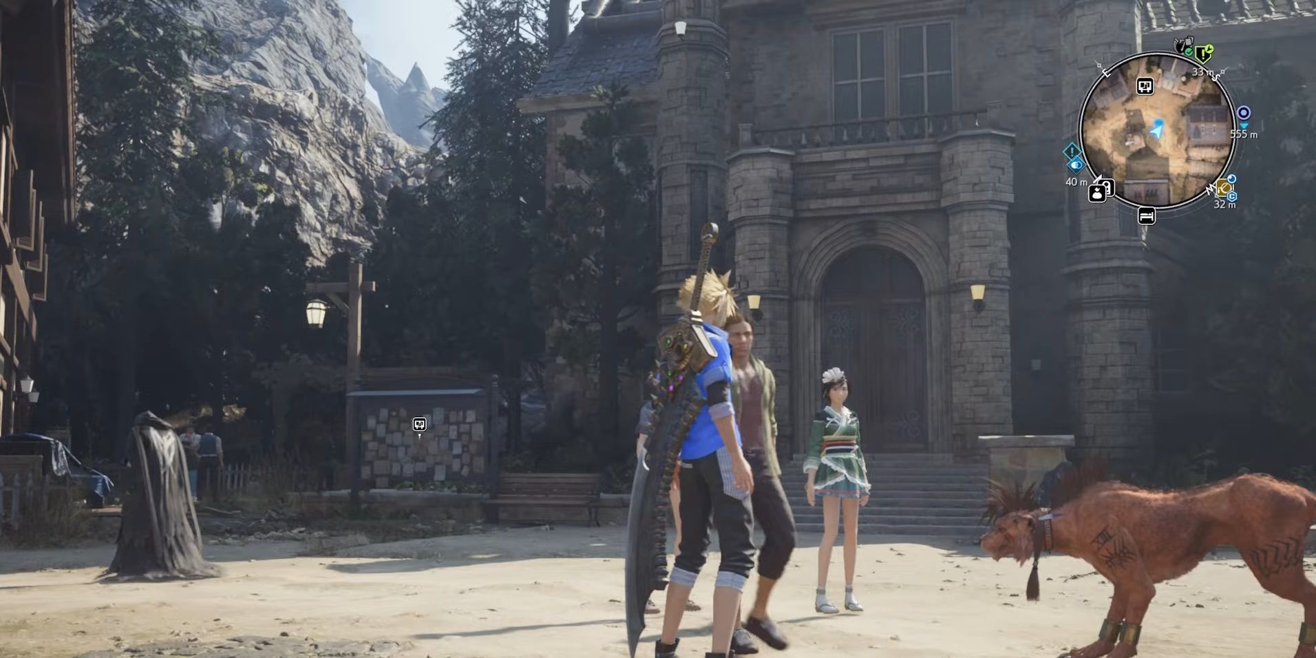 Cloud Strife from Final Fantasy 7 Rebirth in tropical clothing standing in front of a regal, castle-like structure.