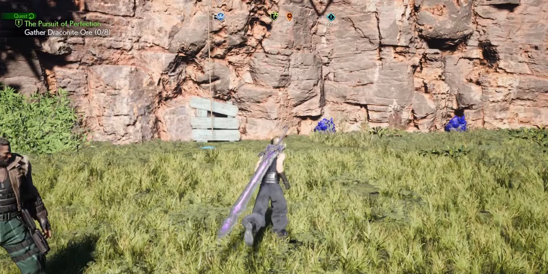 Cloud from Final Fantasy 7 Rebirth walking through grass towards a cliff face.