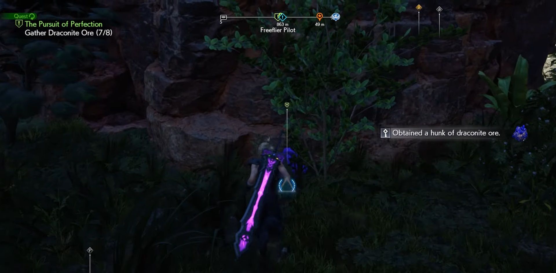 Cloud from Final Fantasy 7 Rebirth walking through grass towards a glowing purple ore next to a small tree.