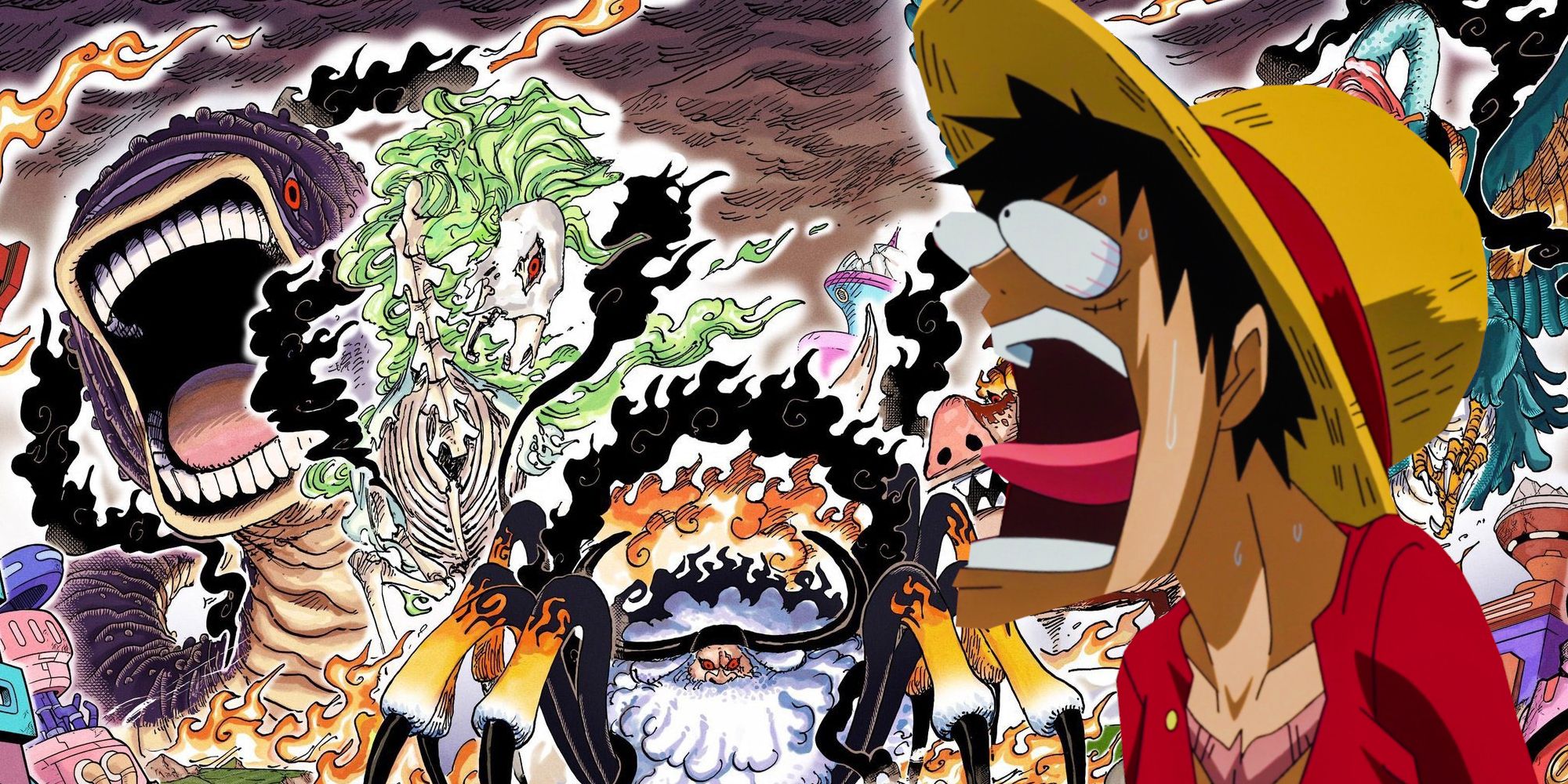 One Piece Five Elders in their demon forms in manga chapter 1110 Colored while Luffy looks at them Shocked.