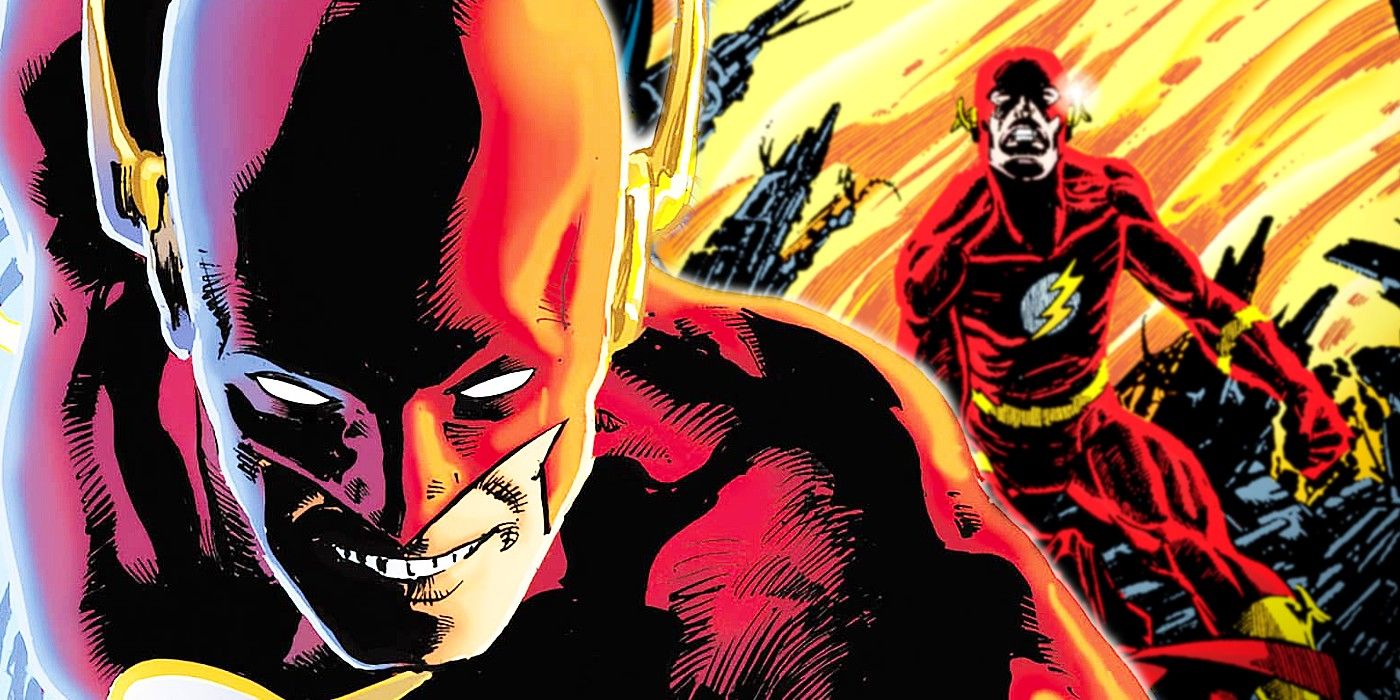 Comic book art: Two versions of the Flash, one smiling and one looking angry.