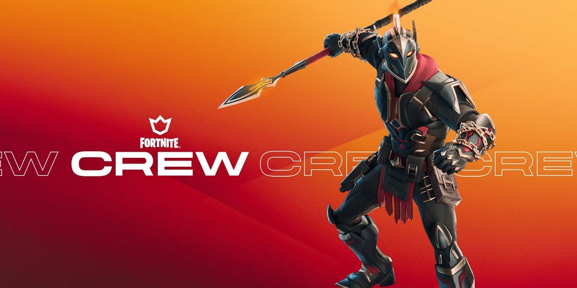 Fortnite April 2024 Crew Pack Official Art Featuring Ares Holding Spear In Ready Stance Against Red And Orange Background