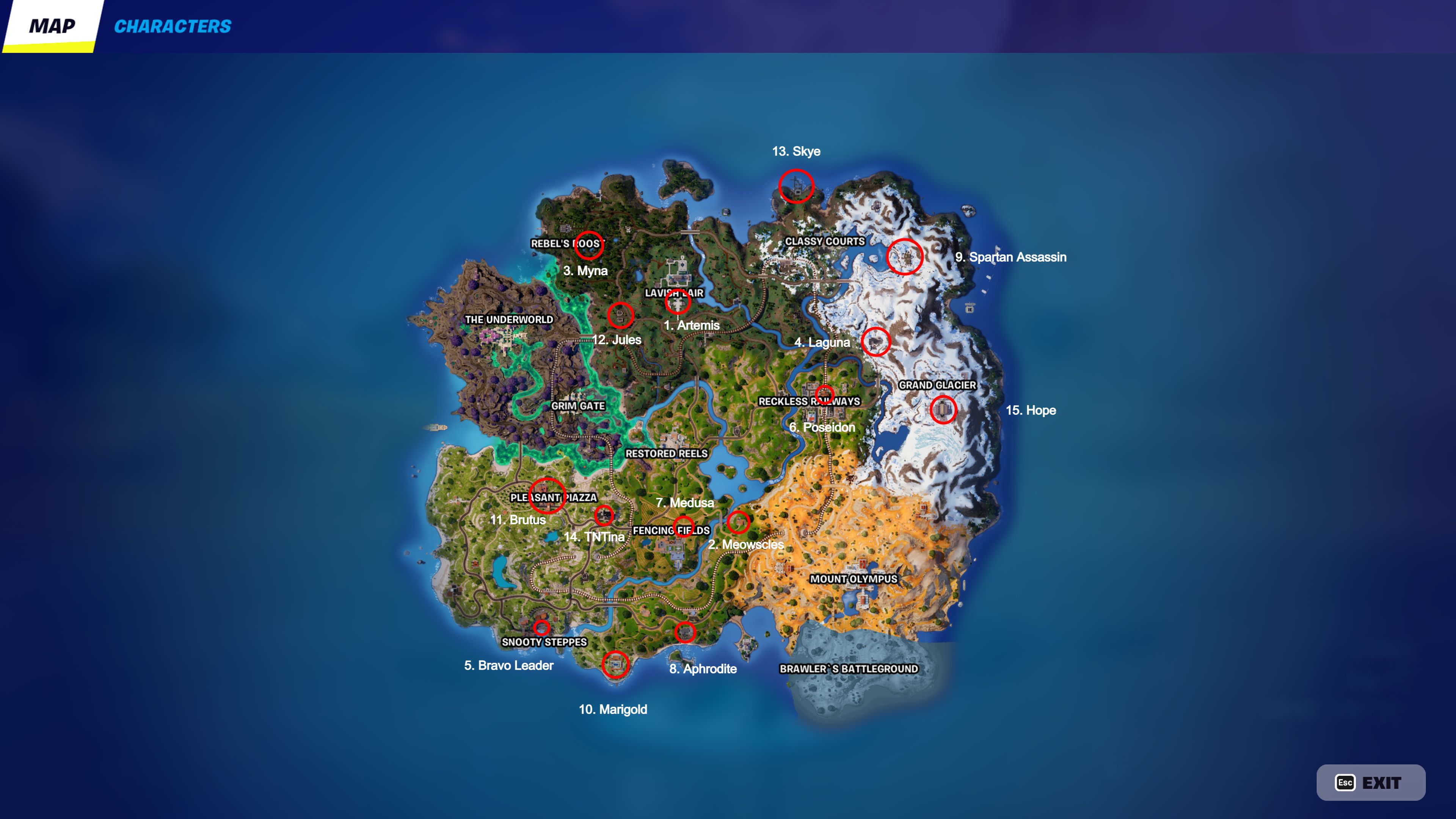 Mapa da ilha Fortnite Capítulo 5 Temporada 2 com todos os 15 locais de personagens NPC marcados