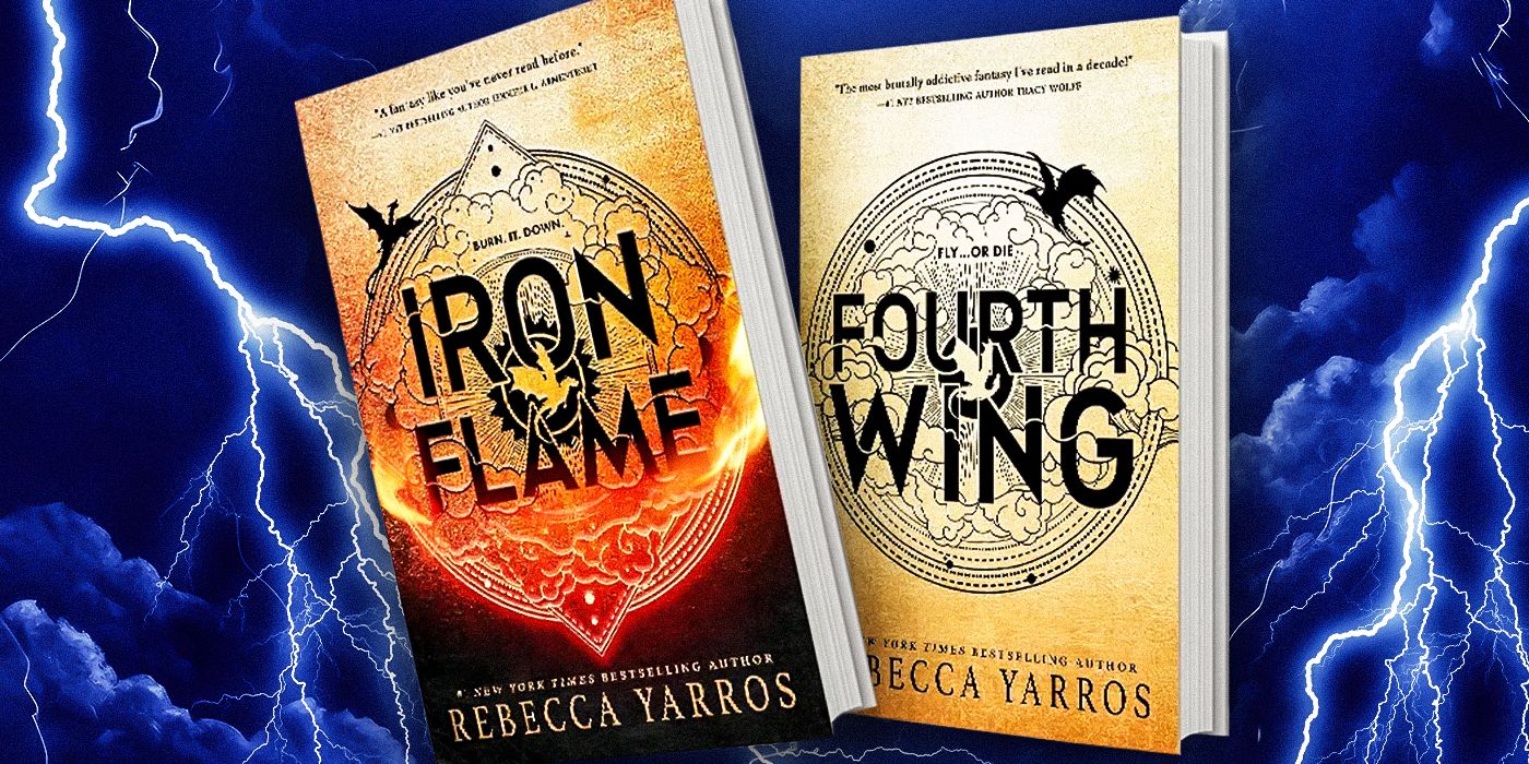 The covers of Fourth Wing and Iron Flame against a dark background with lightning