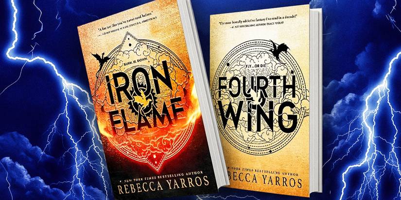 The covers of Fourth Wing and Iron Flame against a dark background with lightning