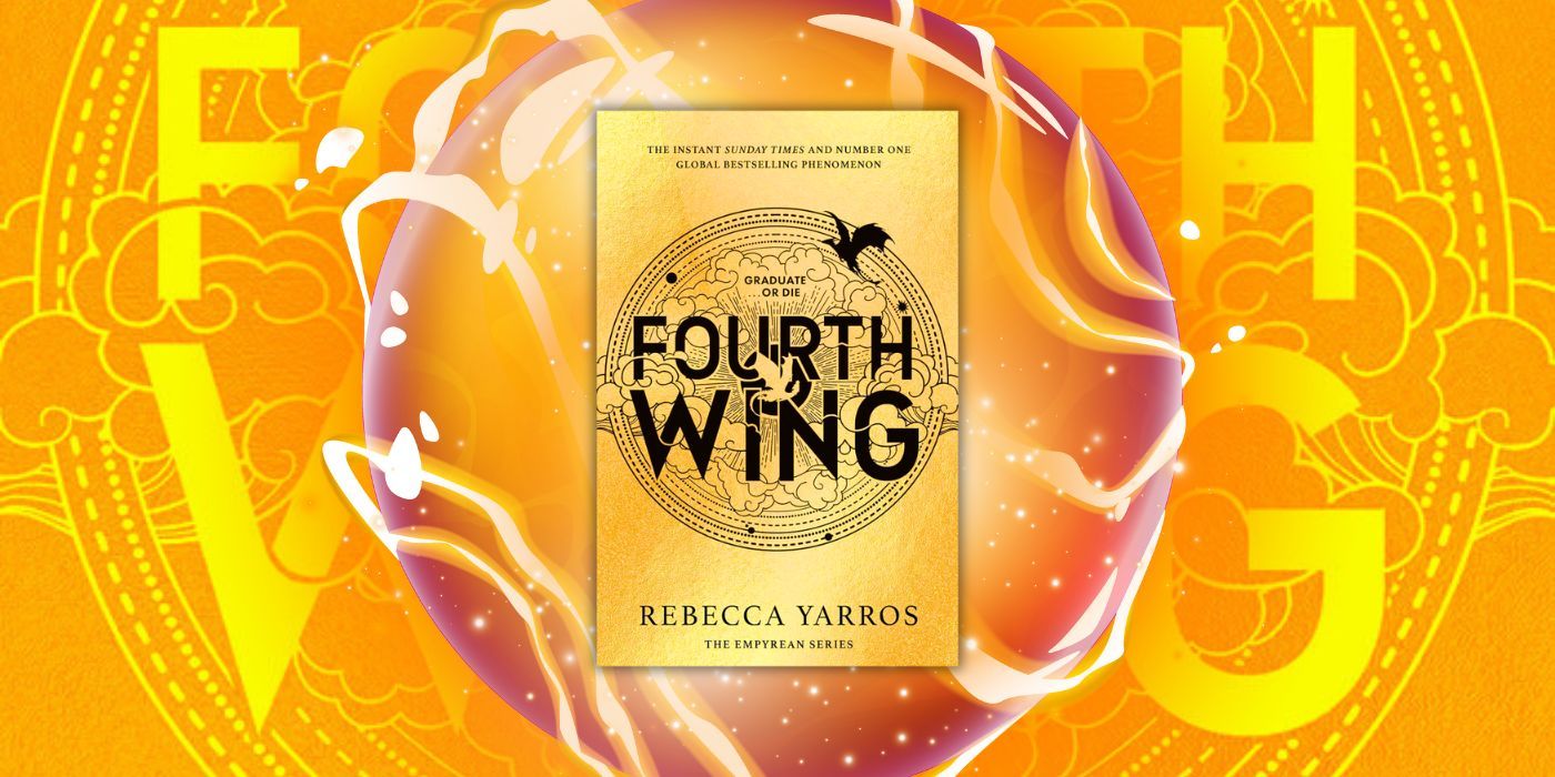 The cover of Fourth Wing with a yellow background and the title behind it