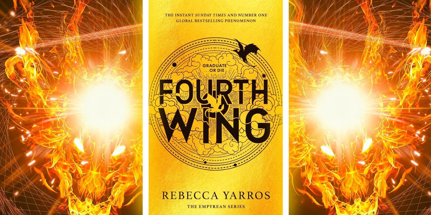 The cover of Rebecca Yarros' Fourth Wing with a fiery dragon in the background
