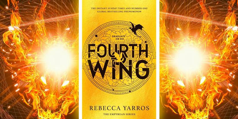 The cover of Rebecca Yarros' Fourth Wing with a fiery dragon in the background
