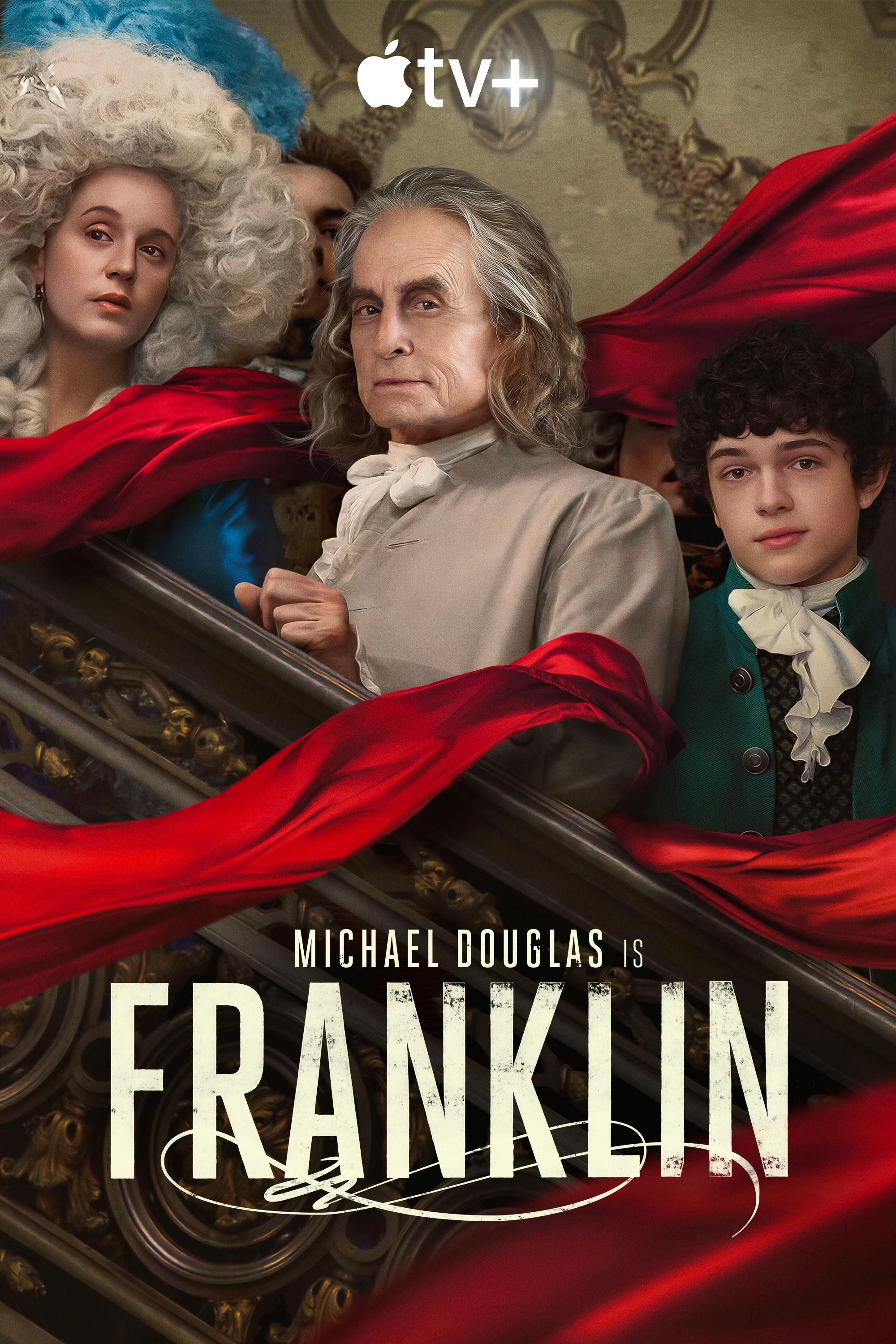 Cartaz do programa de TV de Franklin mostrando Michael Douglas como Benjamin Franklin cercado pelo elenco