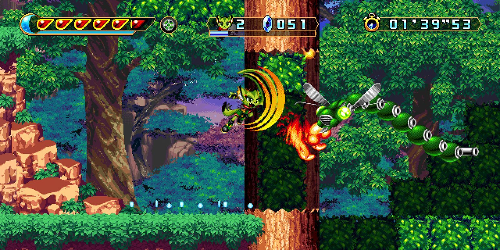 Freedom Planet 2 Carol atacando um inimigo mecânico que cospe fogo