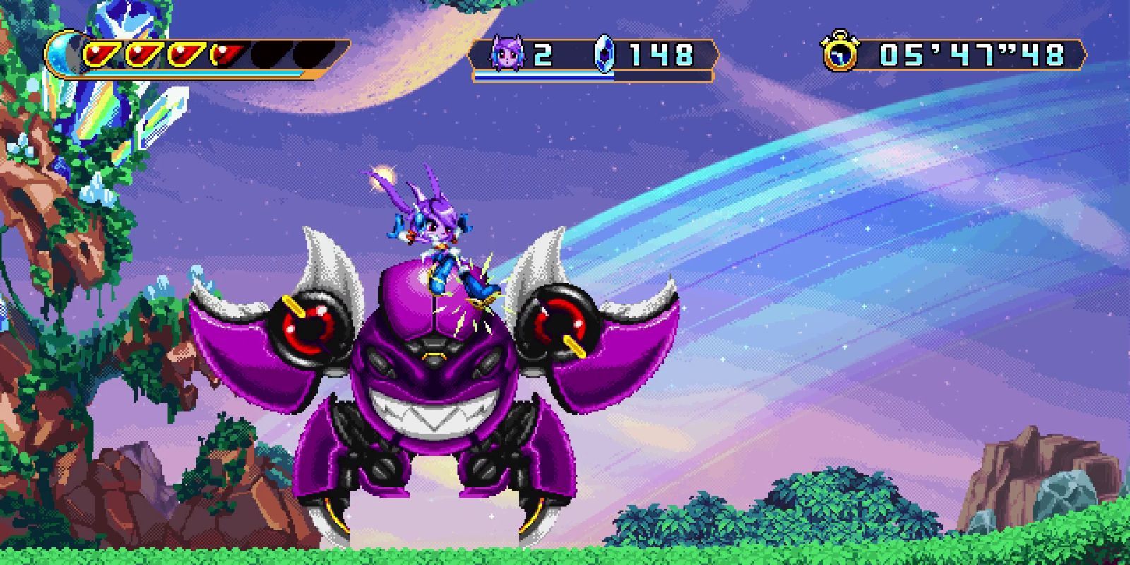 Freedom Planet 2 Lilac atacando um caranguejo roxo mecânico gigante