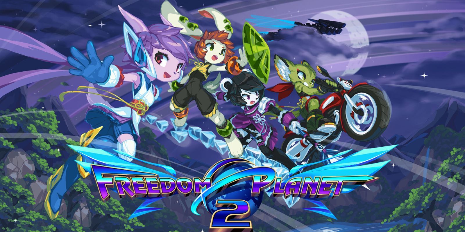 Freedom Planet 2 logo and cover image with four playable characters