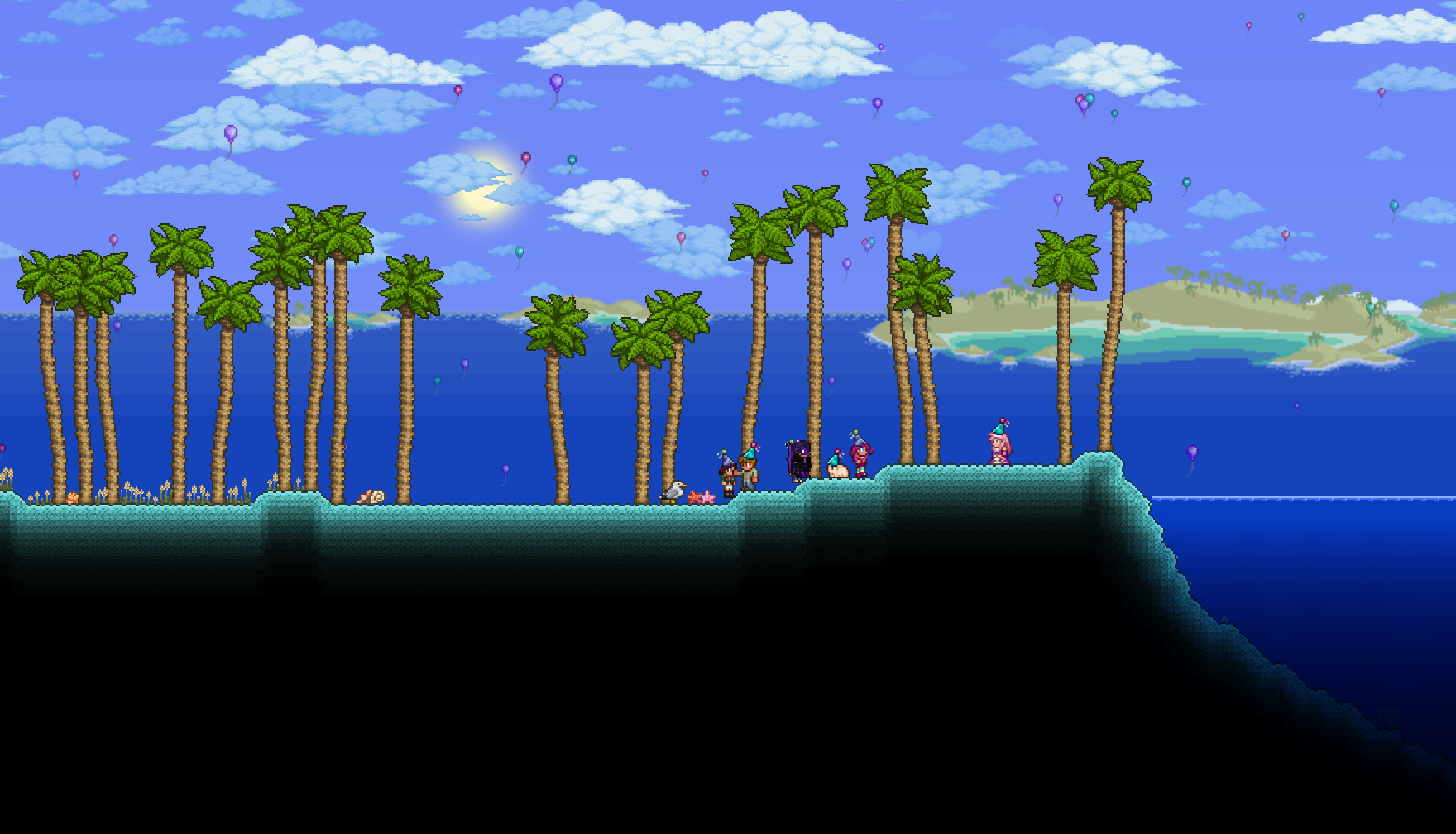 The opening party of Celebrationmk10 in Terraria, set on a cyan beach with palm trees. Photo taken by deleted Reddit user.