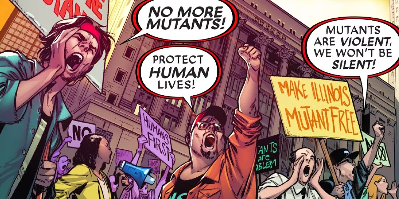 amigos da humanidade protestando contra mutantes nos quadrinhos X-Men da Marvel