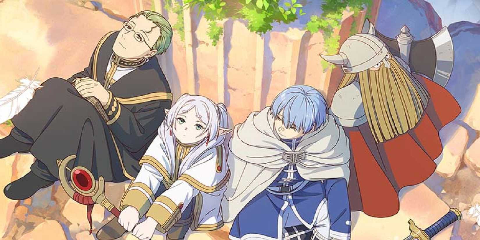 Frieren, Himmel, Eisen and Heiter leaning on a rock in an official visual from the Frieren anime adaptation, with Himmel looking directly at Frieren while the other look toward the sky.