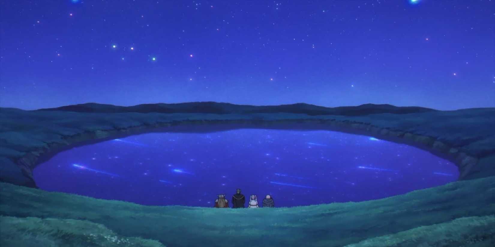 Frieren, Himmel, Eisen and Heiter watching a meteor shower in front of a lake