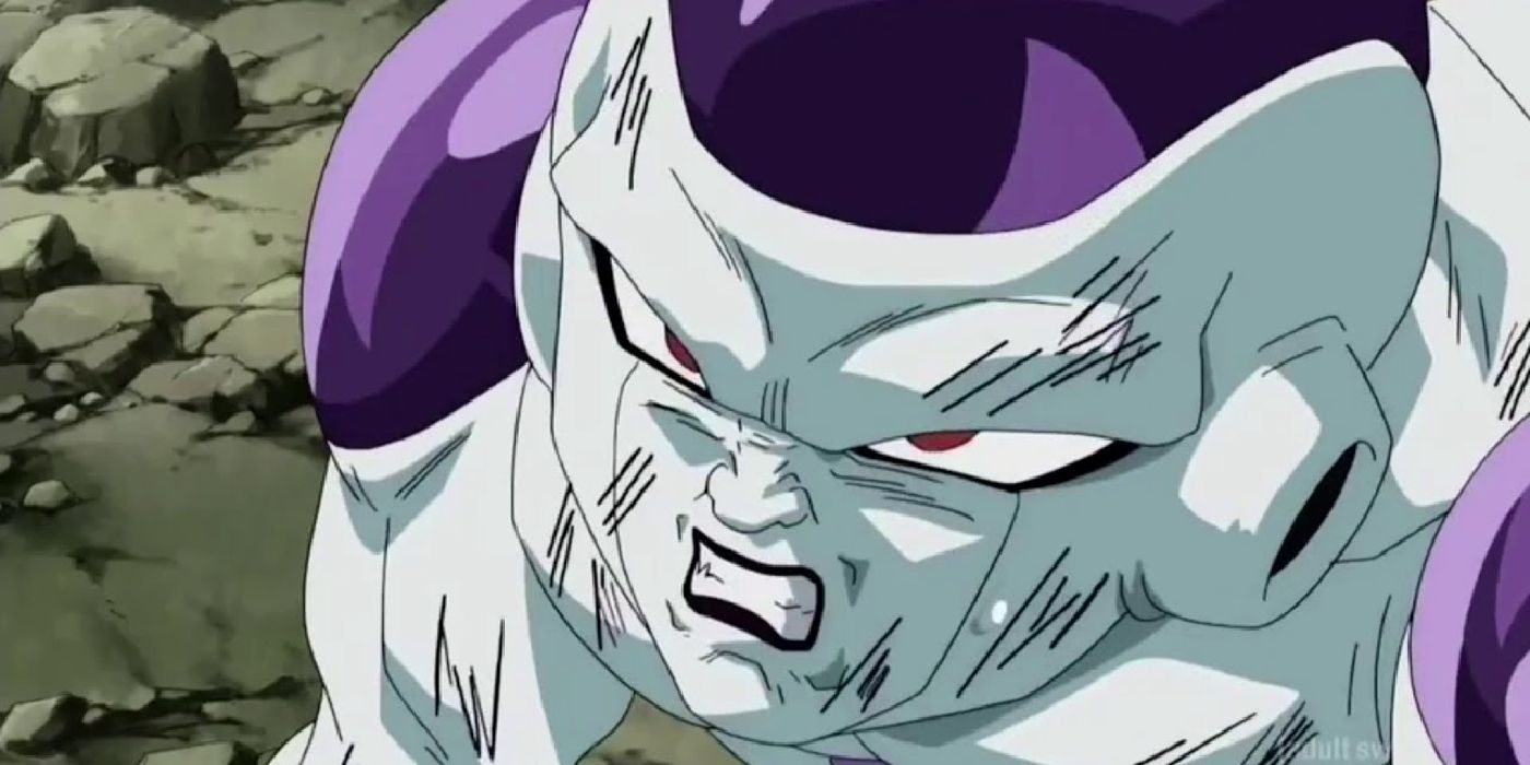 Freeza ajoelhado em um afloramento rochoso em Dragon Ball Resurrection F.