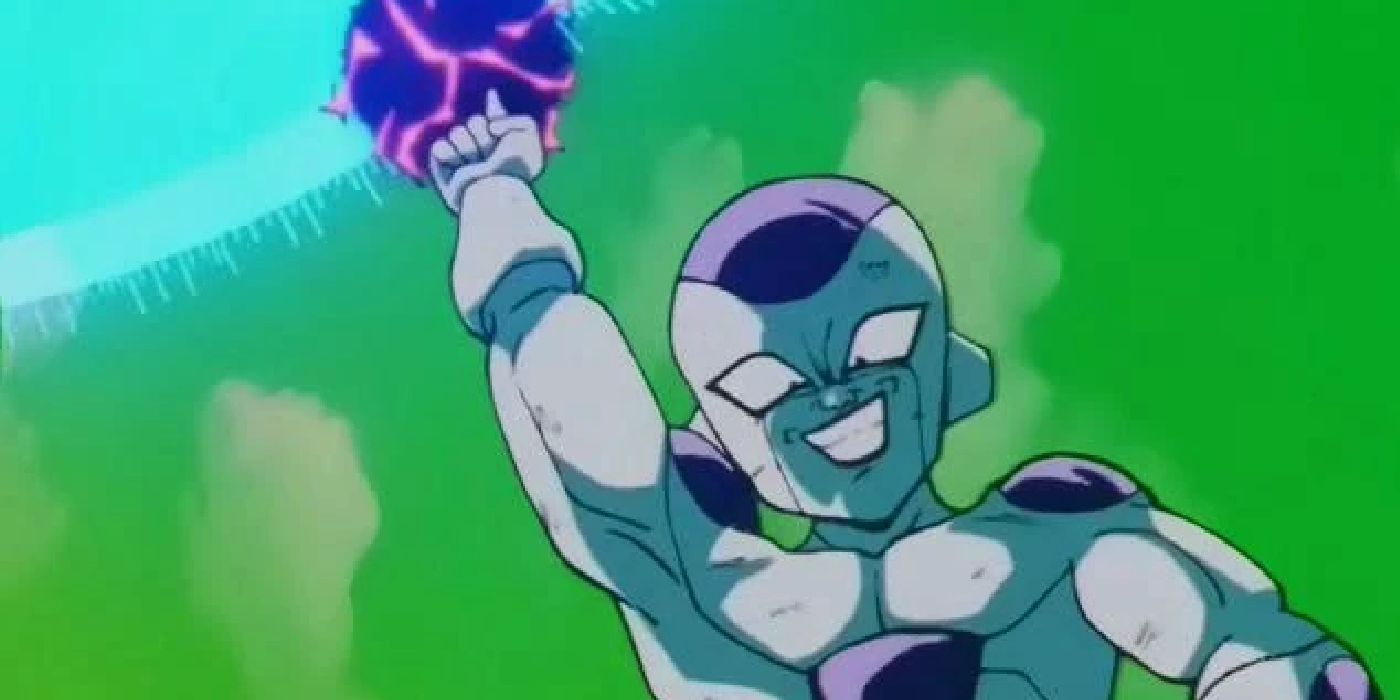 Frieza holds a purple ball of energy with a finger in Dragon Ball Z.