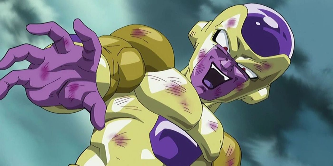Golden Frieza laughing at his opponent in Dragon Ball Super.
