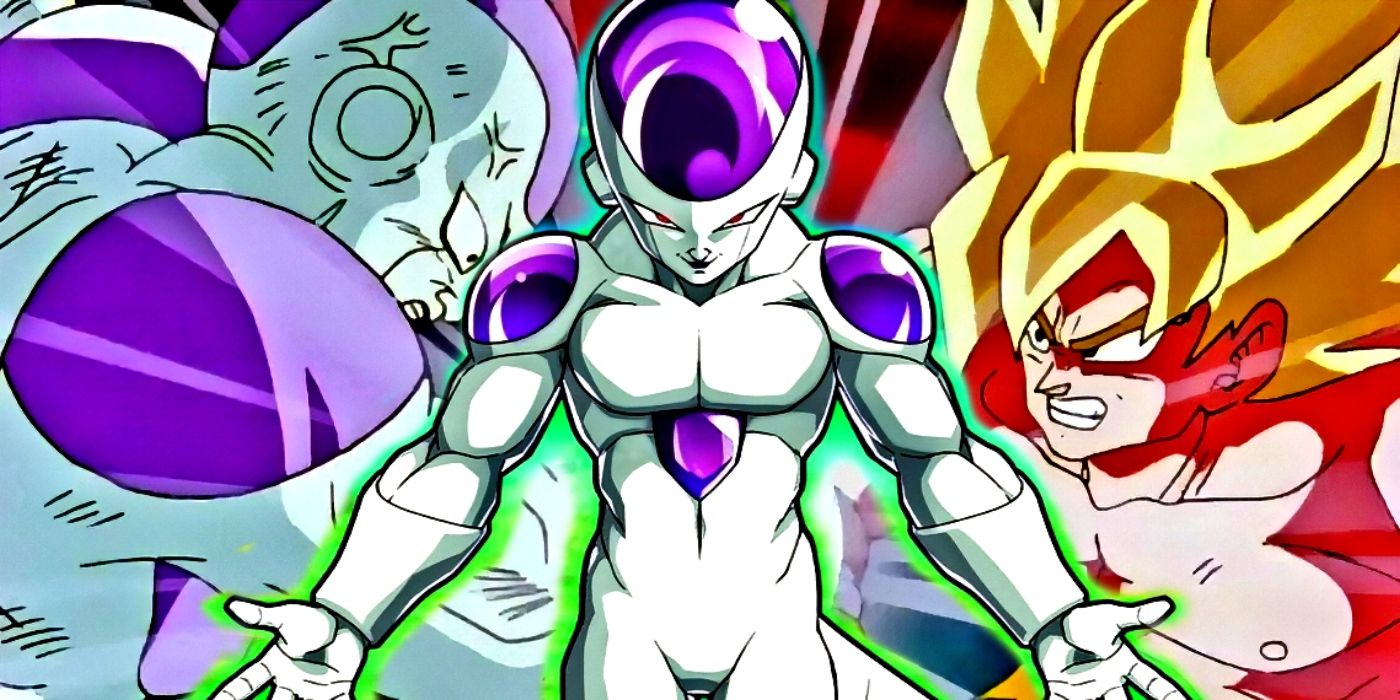 Frieza standing in front of himself and Goku fighting on Namek in DBZ.