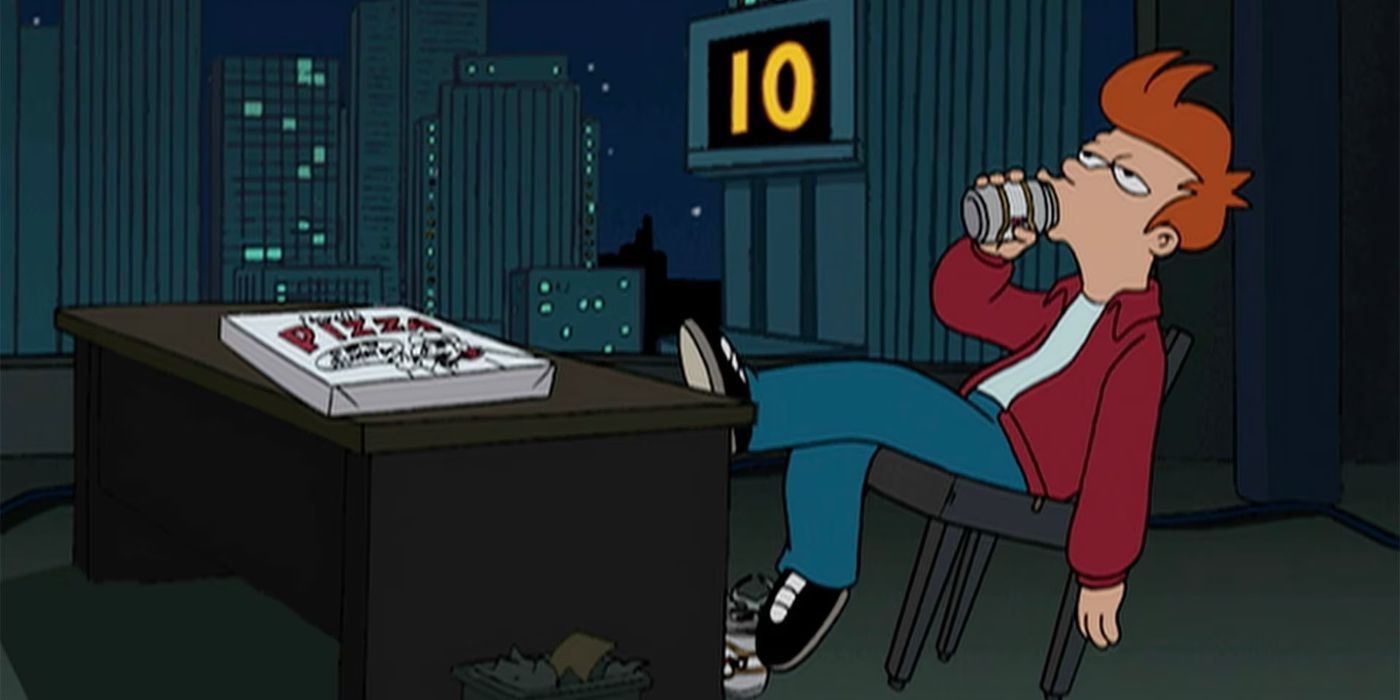 Fry bebendo uma cerveja durante a contagem regressiva de Ano Novo no piloto de Futurama