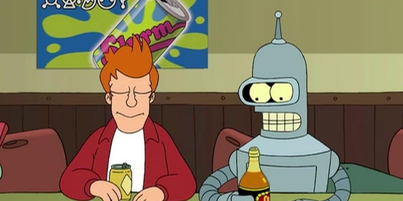 Bender e Fry parecem solenes e bebem cerveja em Futurama