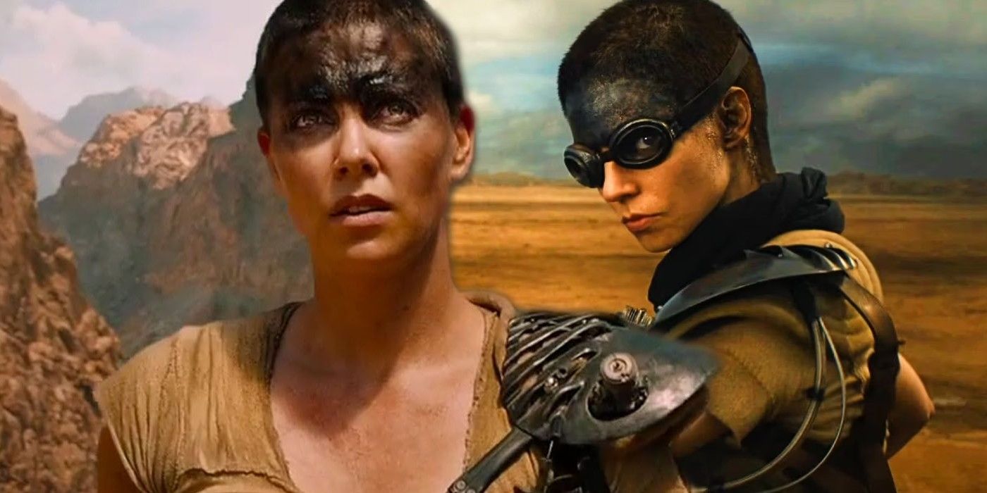 Charlize Theron as Furiosa in Mad Max: Fury Road next to Anya Taylor Joy as Furiosa in Furiosa: A Mad Max Saga