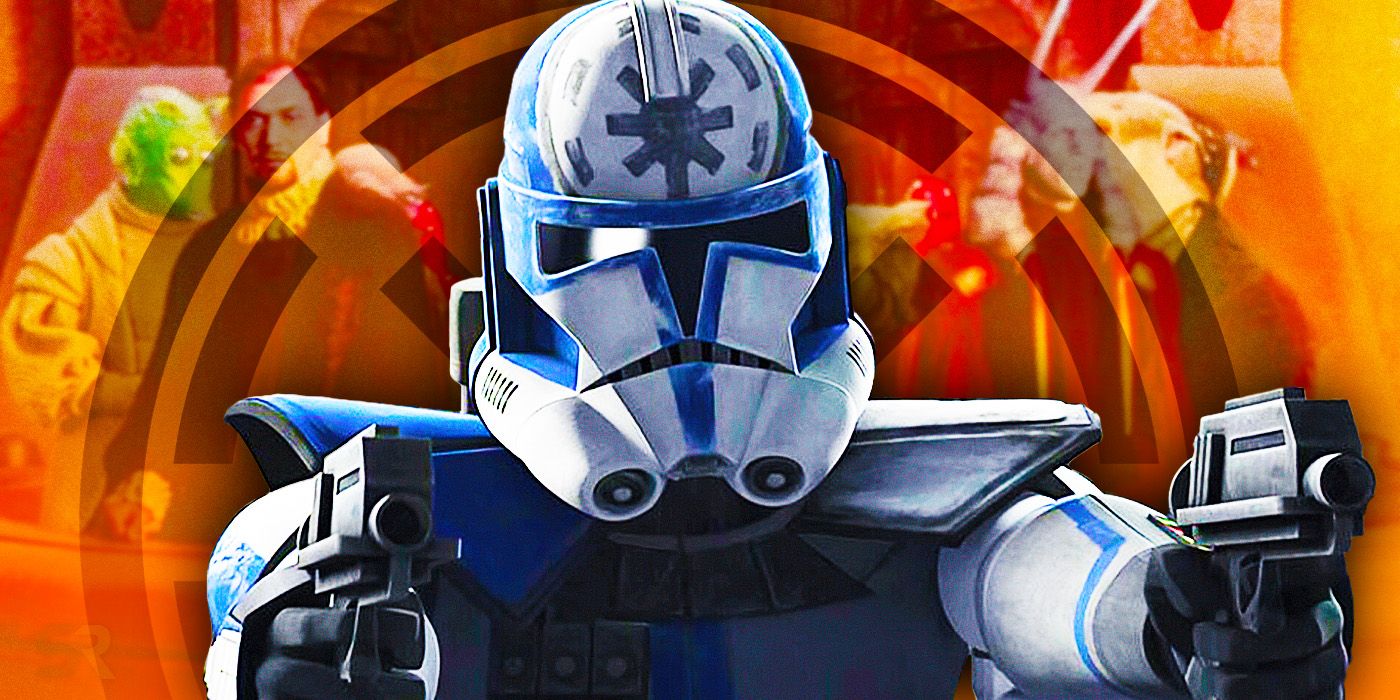 Clone Commander Jesse is helmeted and wields his blasters, superimposed over the Republic logo and senators