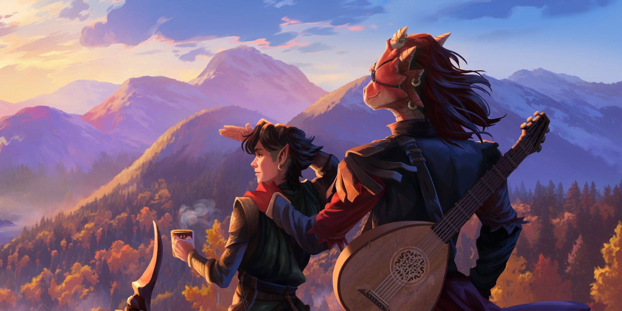 An elven character and a Dragonborn looking out at the horizon in key art for an upcoming Gameloft D&D game.