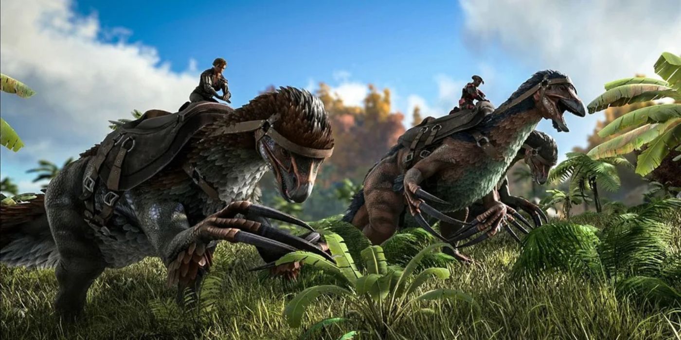Two characters riding dinosaurs in Ark: Survival Evolved